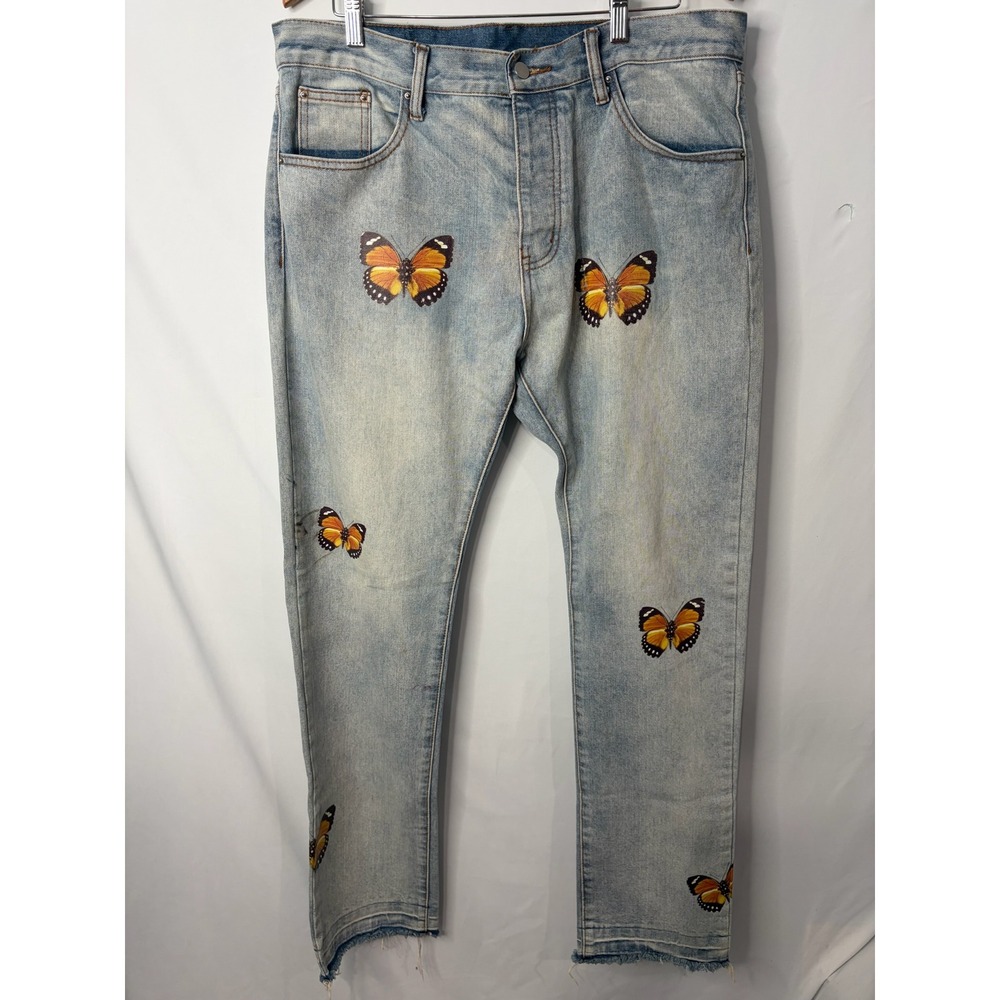 MNML Butterfly Print Light Wash Denim Jeans Mens Size 36 Blue Button Fly Street